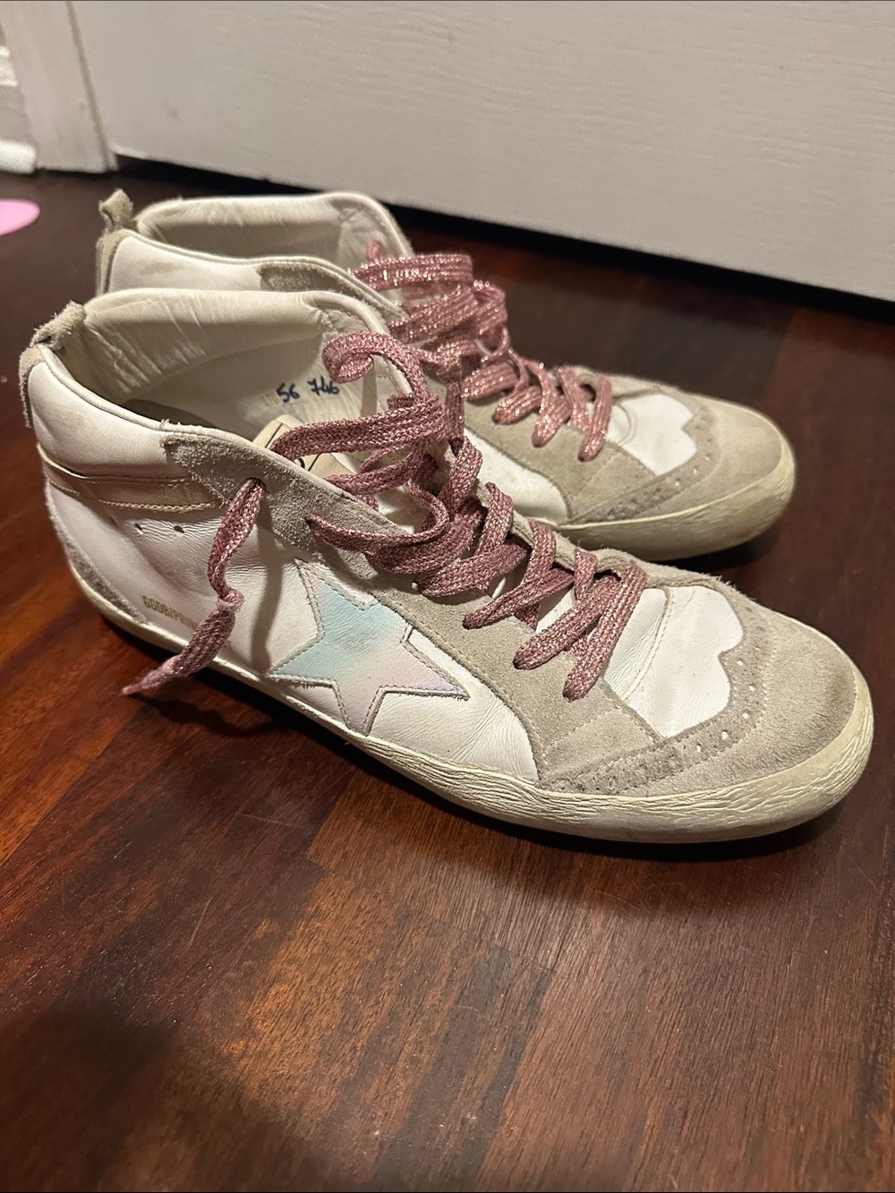 Golden Goose midstar SIZE 40 White & Taupe  Sneakers with Pink Laces